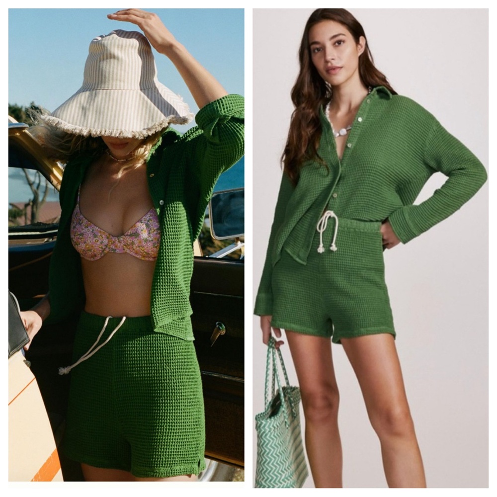 ANTHROPOLOGIE DONNI Waffle Shorts Set Women Size Medium Kelly Green Comfy Cotton